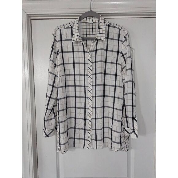 J. Jill plaid button up shirt women's size Large white checked Gauzey tunic flow - Picture 1 of 6